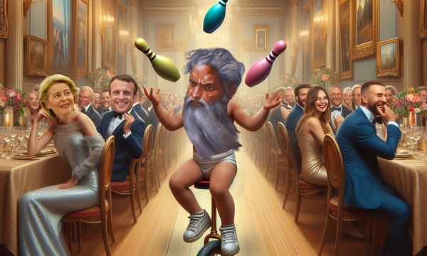 Dumnezeu a scăpat o popică în timp de jongla pentru mesenii din Davos.